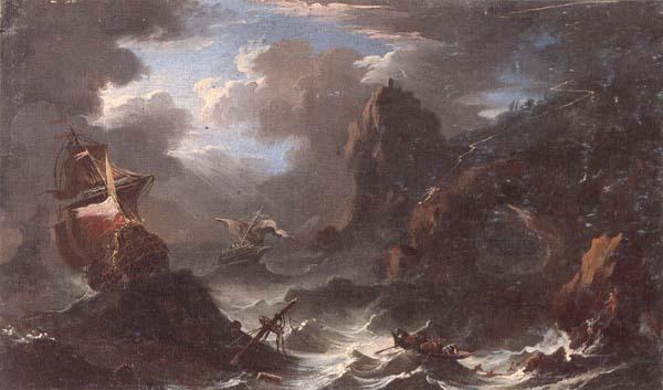 unknow artist A coastal landscape with shipping in a storm,figures shipwrecked in the foreground oil painting image